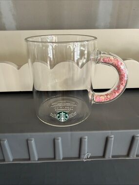 Starbucks valentines Clear Glass Mug with Pink Confetti Handle